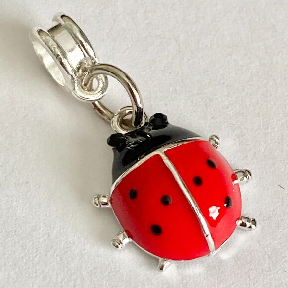 Red Enamel Ladybug Slider European Bead Charm Silver Plated Insect Jewelry - Picture 2 of 7